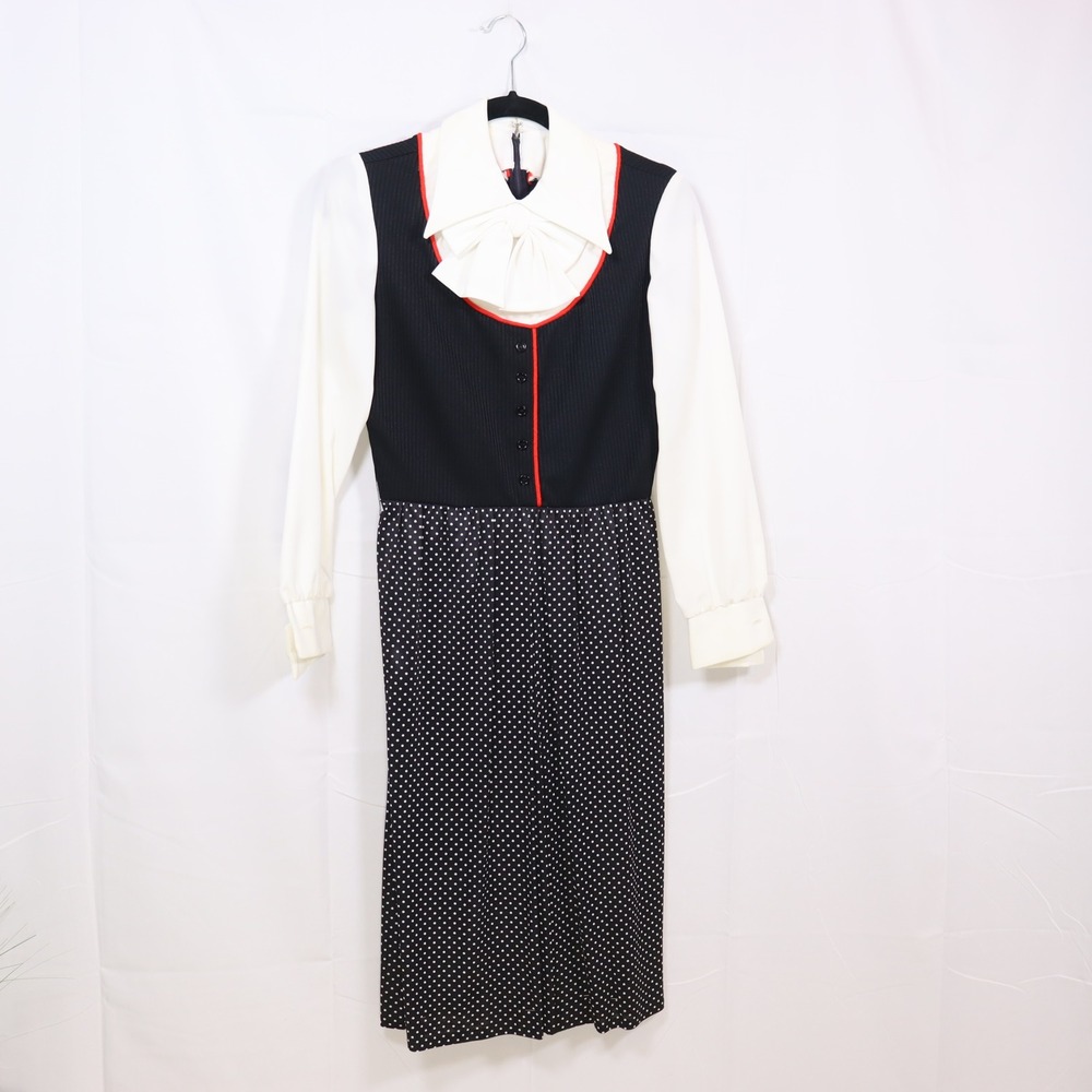 Leslie Fay Vintage Polka Dot Bow Dress Small Black White Womens Retro Mod Midi